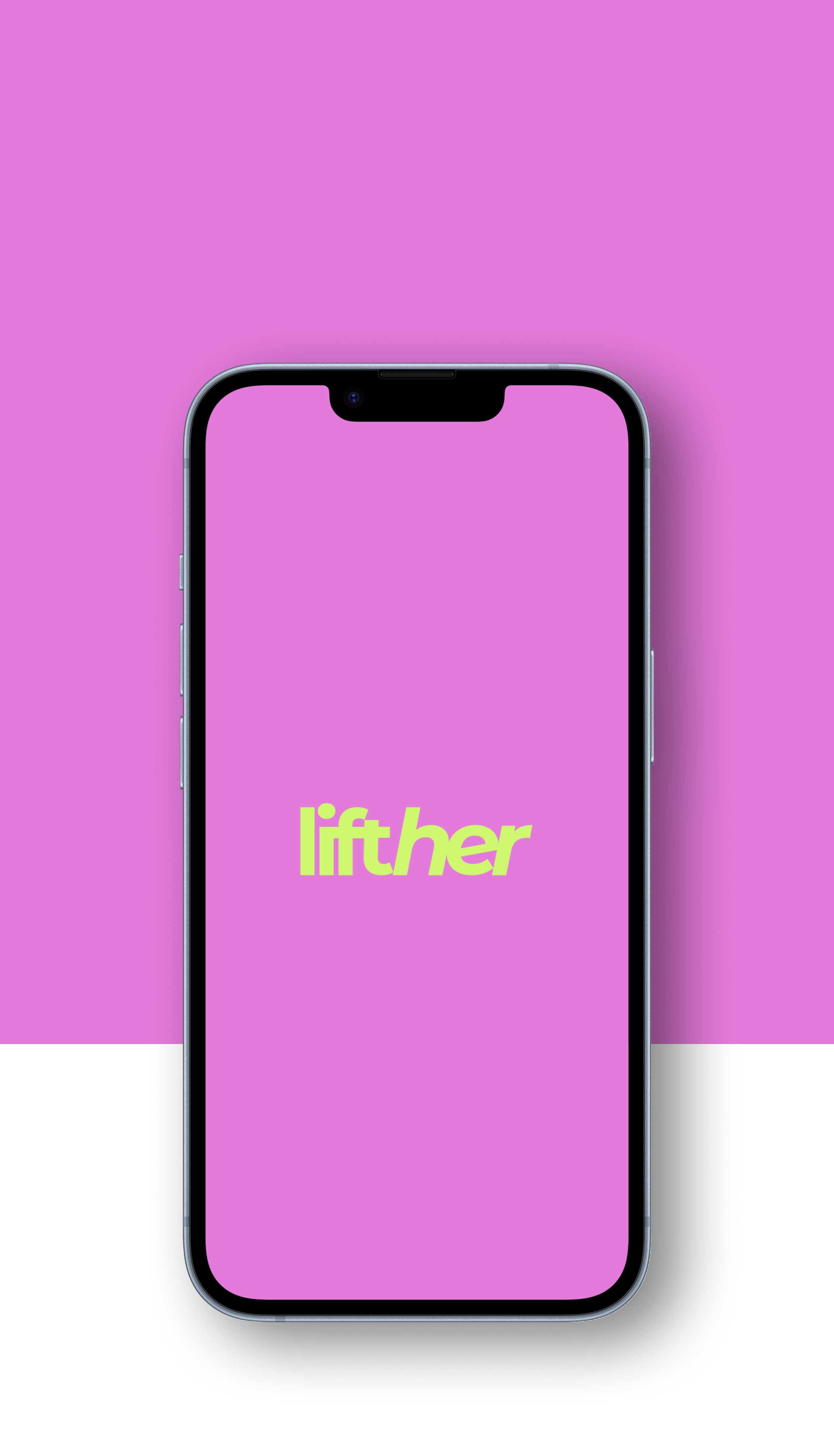 Ein Handy mit dem Startscreen der App: Pinkfarbender Hintergrund mit dem Schriftzug "lifther" in energetischem Grün.