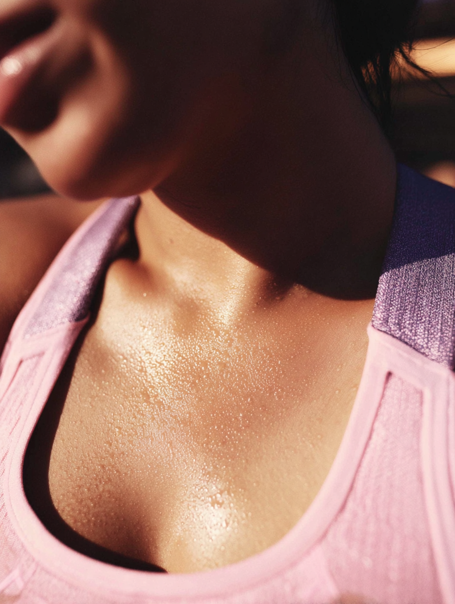 Nahaufnahme einer Frau mit athletischem Körperbau, die vor Schweiß glänzt und ein rosa Tanktop trägt.