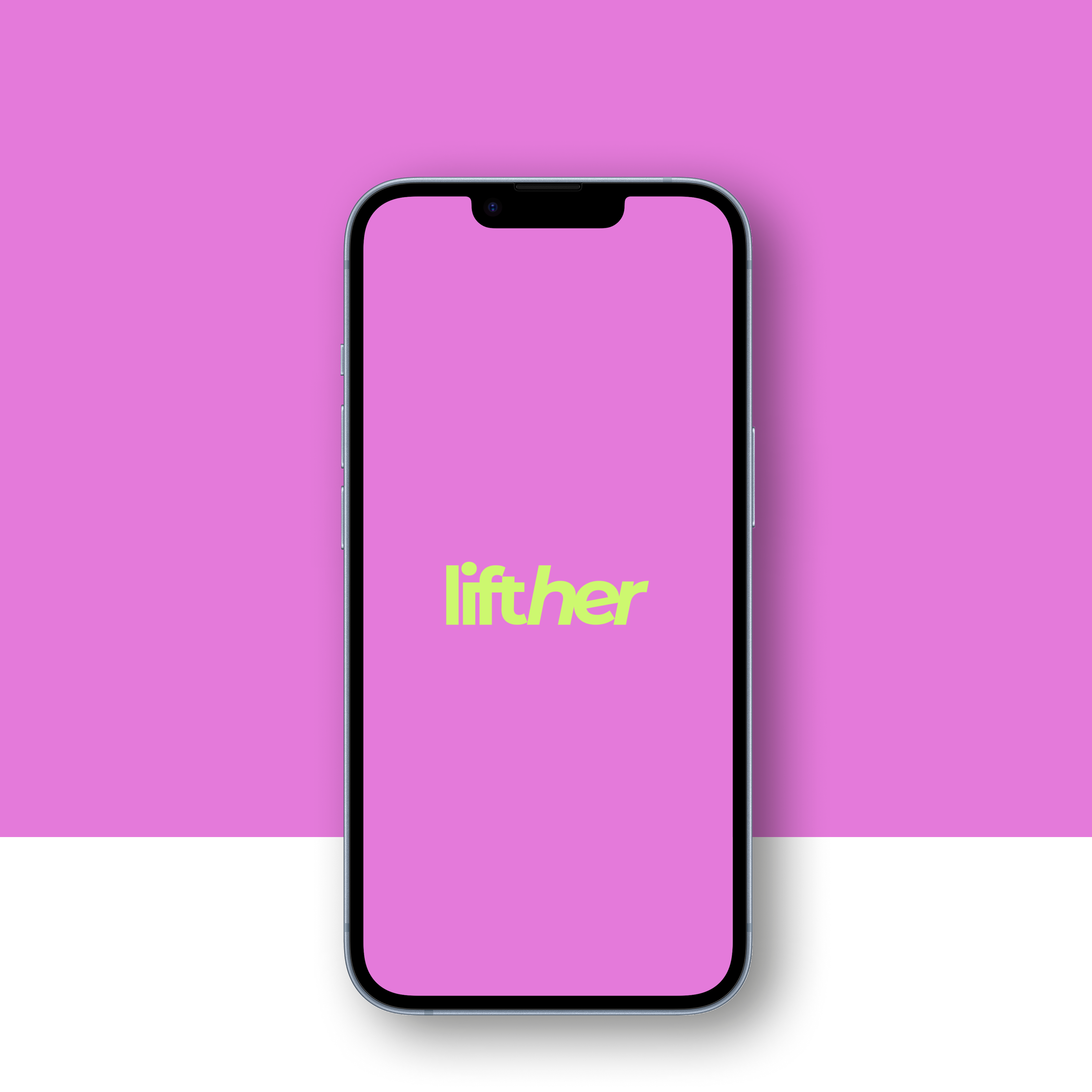 Ein Handy mit dem Startscreen der App: Pinkfarbender Hintergrund mit dem Schriftzug "lifther" in energetischem Grün.